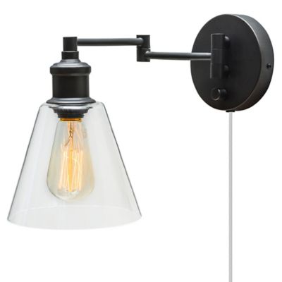 LeClair 1-Light Plug-In/Hardwire Wall Sconce in Oil Rubbed Bronze with Clear Glass Shade - Bed ...
